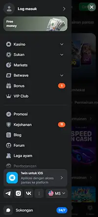 1win menu interface.